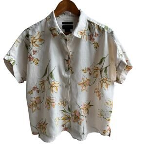 RACHEL ROY Top Womens Medium Cream Floral 100% Linen Boxy Relaxed Fit